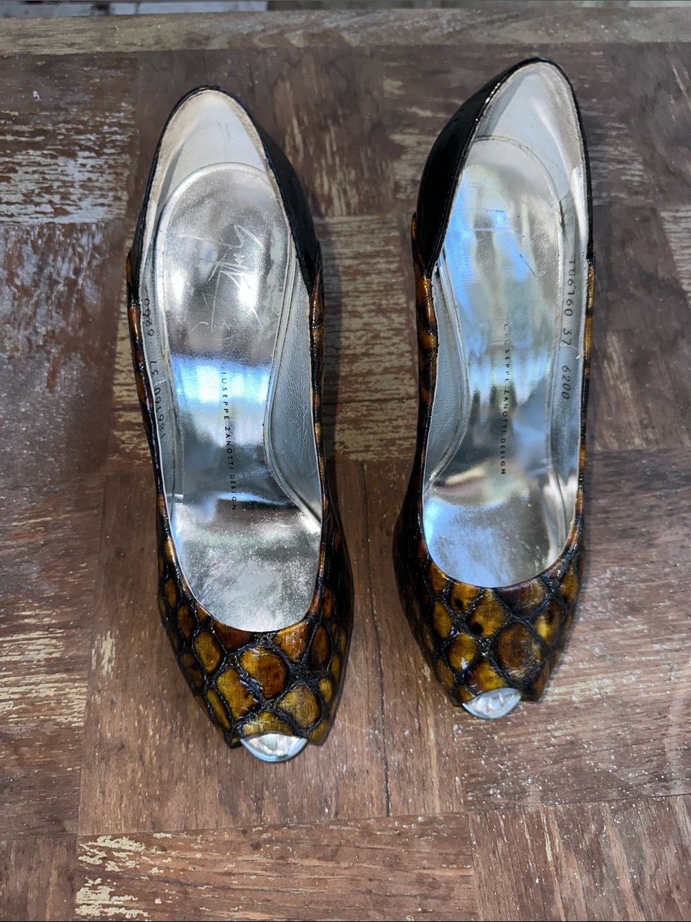Giuseppe Zanotti Brown Snakeskin Peep-Toe Heels Silver Lining Made in Italy 🇮🇹